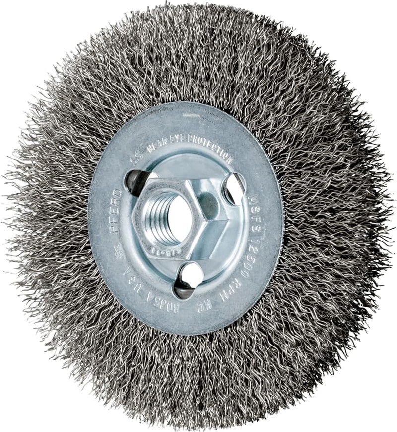 PFERD 80354 Crimped Wheel Brush, Stainless Steel Wire, 4-1/2" Diameter, 5/8-11 Thread, 0.014 Wire Size, 15/16" Trim Length, 1/2" Face Width, 12500 RPM - Image 1