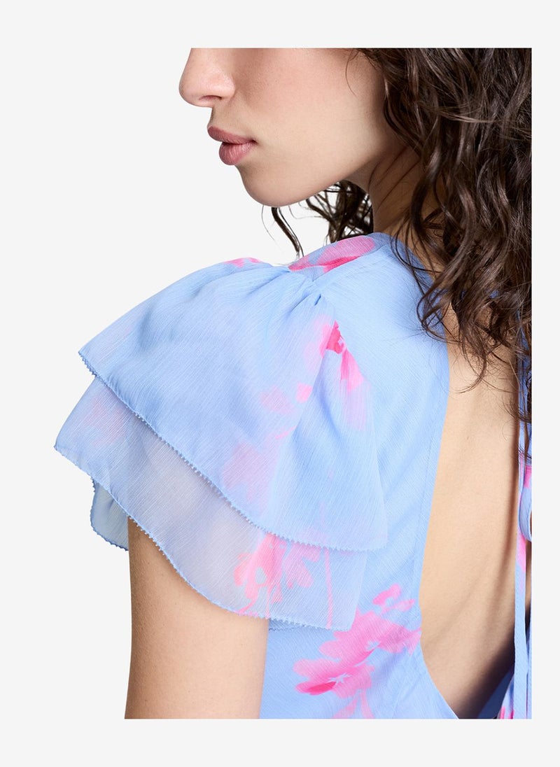 French Connection Women's Blue/Pink Multi Myla Hallie Crinkle Tea Dress - Image 4