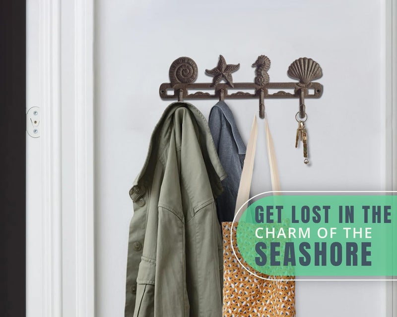 Comfify Vintage Seashell Coat Hook Hanger Rustic Cast Iron Wall Hanger w/ 4 Decorative Hooks - Includes Screws and Anchors - Beach House Decor - Brown - Image 5