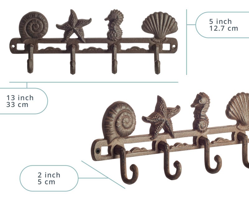 Comfify Vintage Seashell Coat Hook Hanger Rustic Cast Iron Wall Hanger w/ 4 Decorative Hooks - Includes Screws and Anchors - Beach House Decor - Brown - Image 3