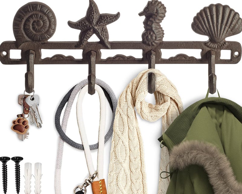 Comfify Vintage Seashell Coat Hook Hanger Rustic Cast Iron Wall Hanger w/ 4 Decorative Hooks - Includes Screws and Anchors - Beach House Decor - Brown - Image 1