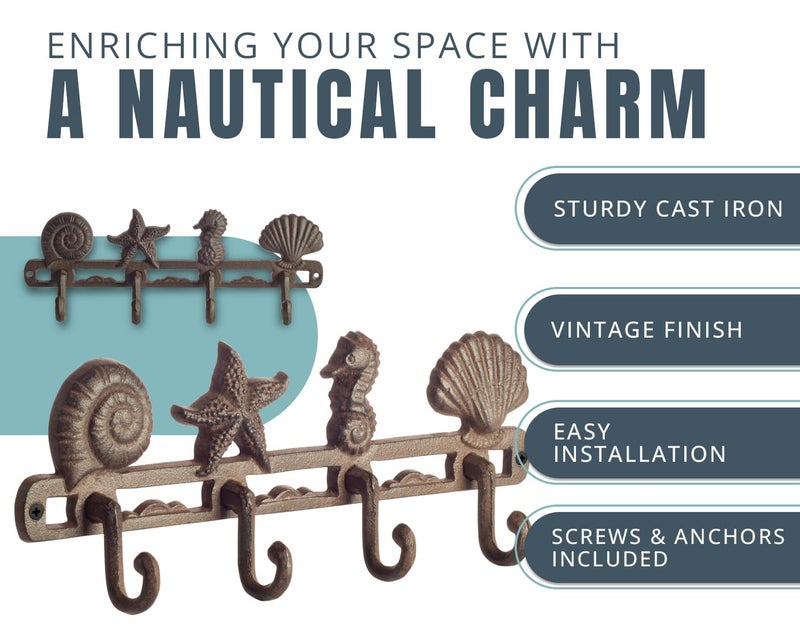 Comfify Vintage Seashell Coat Hook Hanger Rustic Cast Iron Wall Hanger w/ 4 Decorative Hooks - Includes Screws and Anchors - Beach House Decor - Brown - Image 2