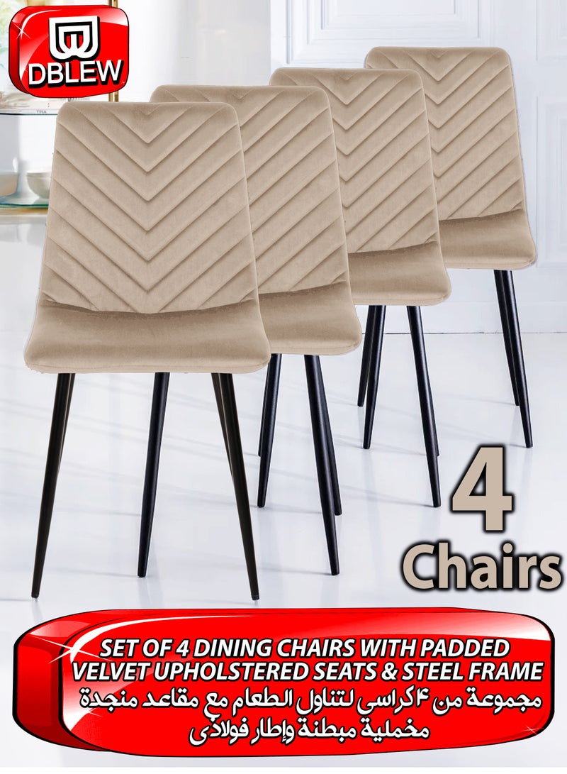 DBLEW Set Of 4 Pcs Modern Velvet Dining Chair with V-Stitch Curved Backrest Upholstered L-Shaped Seat with Foam Padding, Metal Legs & X-Frame Support Side Chair Lounge Chair Multifunctional Accent Chair for Dining Room, Living Room, Bedroom, Hotel Lobby, Reception, Hallway, Makeup Vanity, Office Comfortable & Stylish Seating Beige  - Image 1