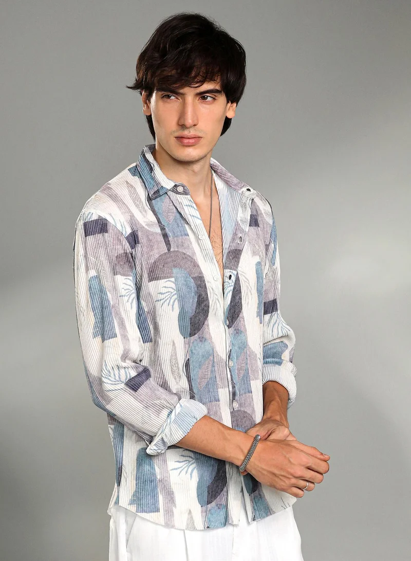 Campus Sutra Men's Icy Blue & Ivory White Twig-Block Shirt