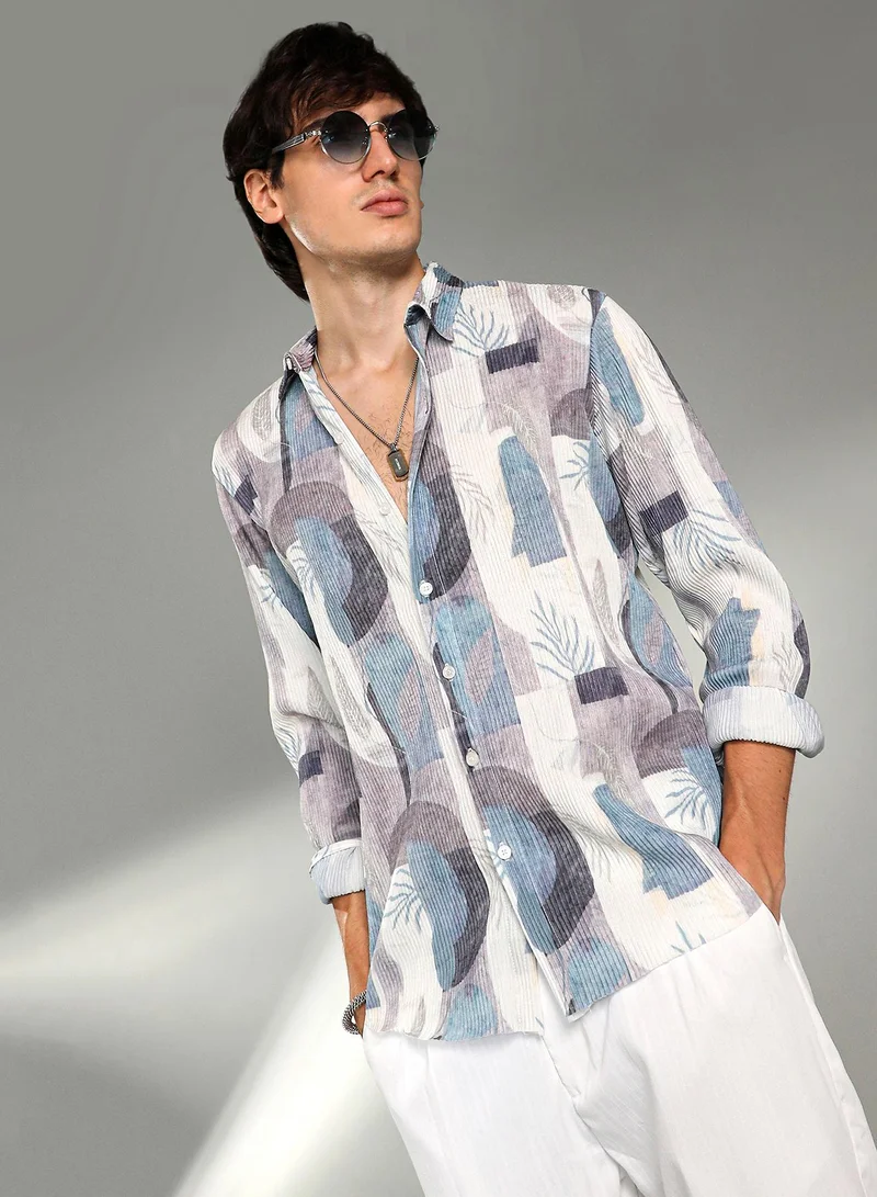 Campus Sutra Men's Icy Blue & Ivory White Twig-Block Shirt