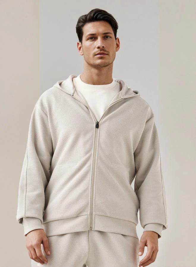 Waffle Textured Zip Through Hoodie with Zip Closure