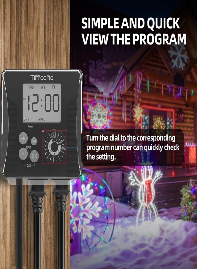 مؤقت إضاءة خارجي رقمي جديد مقاوم للماء من TiFFCOFiO، قابل للبرمجة عبر قرص دوار، مزود بسلك تمديد بطول 60 سم، ومنفذي كهرباء مؤرضين للإضاءة، و6 برامج تشغيل، بقدرة 15 أمبير/1875 واط. - Image 5