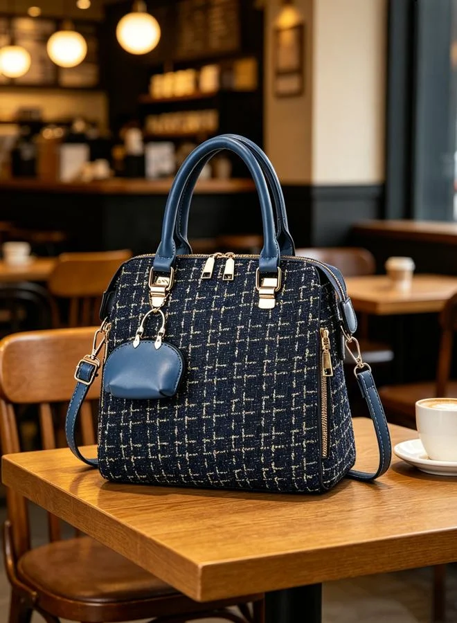 Take Two Dark Blue Tweed Shoulder Bag with Charm