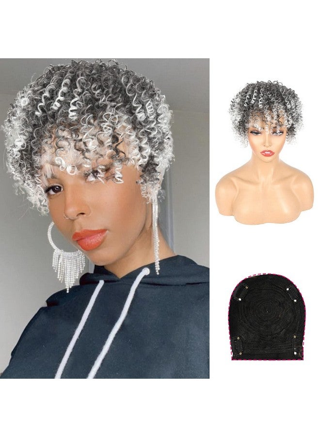 CINHOO Gray Curly Hair Topper For Thinning Hair With Bangs Clip On Ponytails For Black Women Mens Hair Piece Unite Hair Products Salt And Pepper Wigs For Women Toupee For Men(1B/Gray) - Image 1
