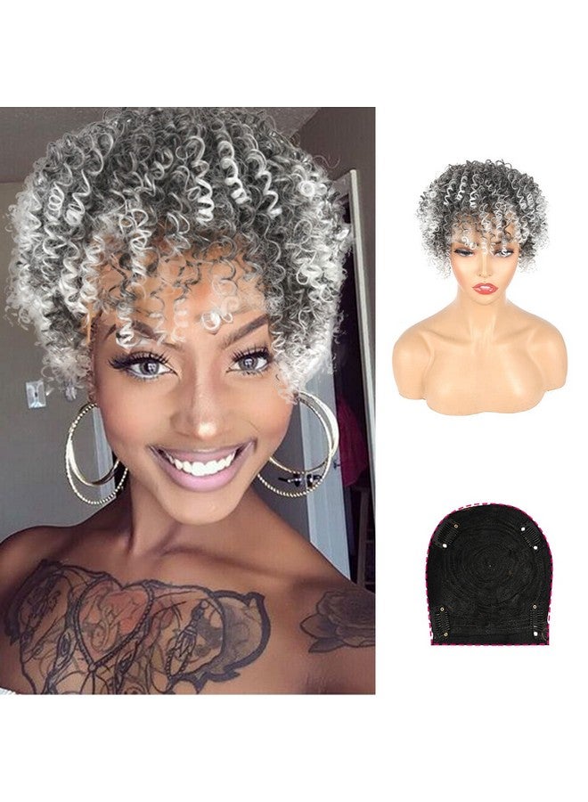CINHOO Gray Curly Hair Topper For Thinning Hair With Bangs Clip On Ponytails For Black Women Mens Hair Piece Unite Hair Products Salt And Pepper Wigs For Women Toupee For Men(1B/Gray) - Image 3