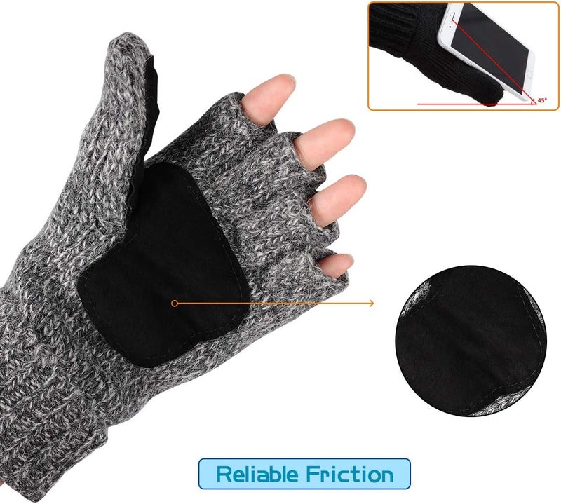 OMECHY Winter Knitted Fingerless Wool Gloves Thermal Insulation Warm Convertible Mittens Flap Cover for Men Women - Image 2
