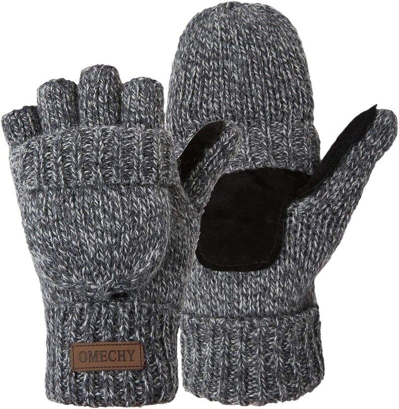 OMECHY Winter Knitted Fingerless Wool Gloves Thermal Insulation Warm Convertible Mittens Flap Cover for Men Women - Image 1