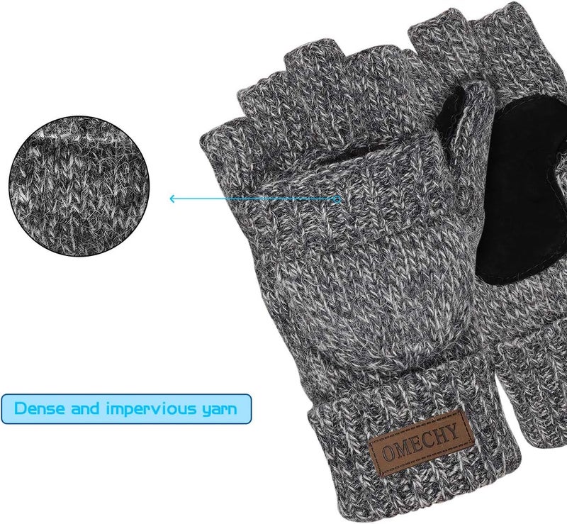 OMECHY Winter Knitted Fingerless Wool Gloves Thermal Insulation Warm Convertible Mittens Flap Cover for Men Women - Image 4