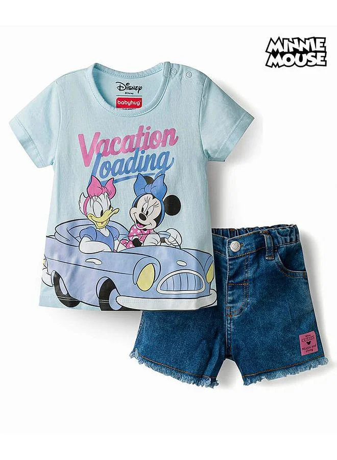 Babyhug Disney Babyhug Disney Single Jersey Knitted T-Shirt & Denim Shorts Set with Minnie & Friends Graphics - Blue