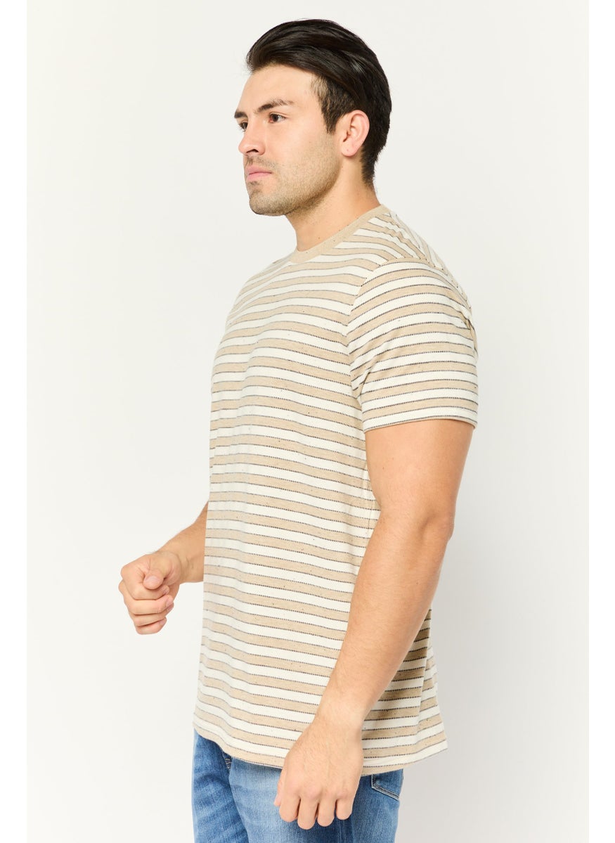 Peter Werth - Men Crew Neck Short Sleeve Stripe T-Shirt, Beige - Image 1