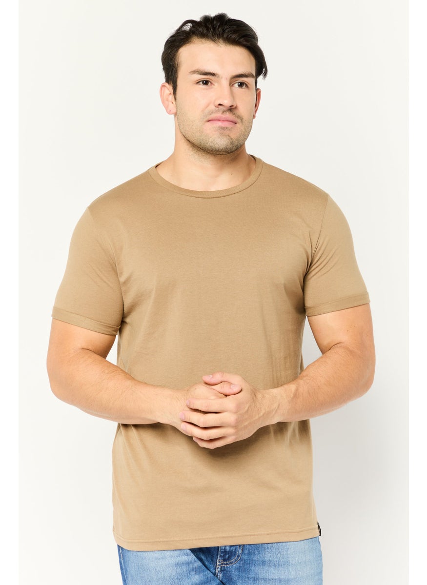Peter Werth - Men Crew Neck Short Sleeve Stripe T-Shirt, Beige - Image 1