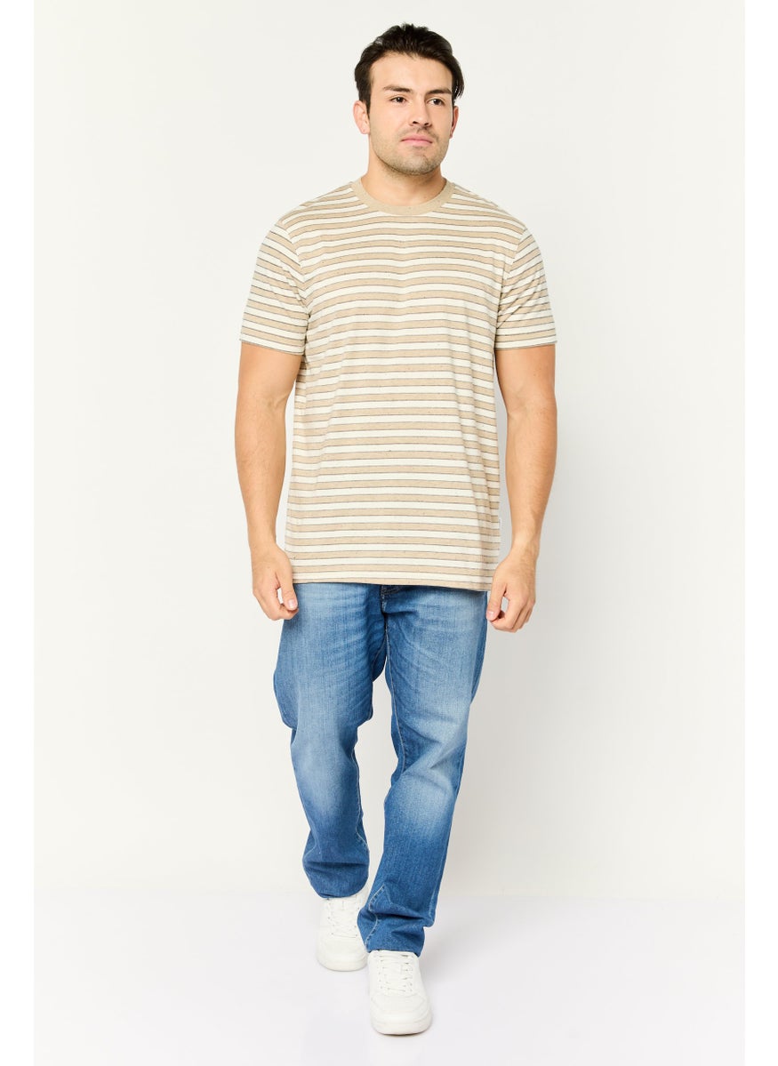 Peter Werth - Men Crew Neck Short Sleeve Stripe T-Shirt, Beige - Image 1