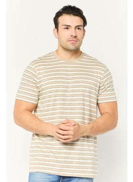 Men Crew Neck Short Sleeve Stripe T-Shirt, Beige