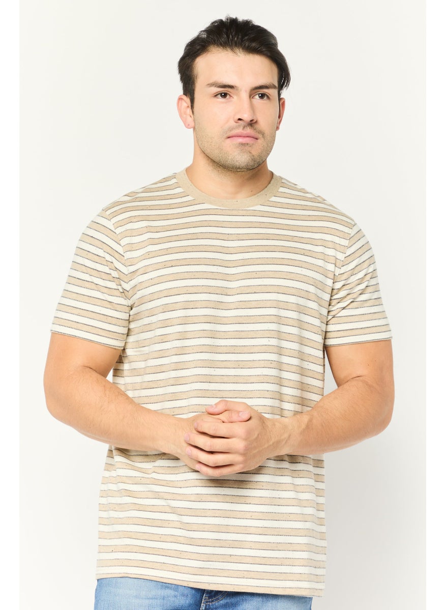 Peter Werth - Men Crew Neck Short Sleeve Stripe T-Shirt, Beige - Image 1