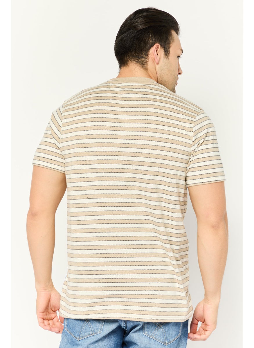 Peter Werth - Men Crew Neck Short Sleeve Stripe T-Shirt, Beige - Image 1