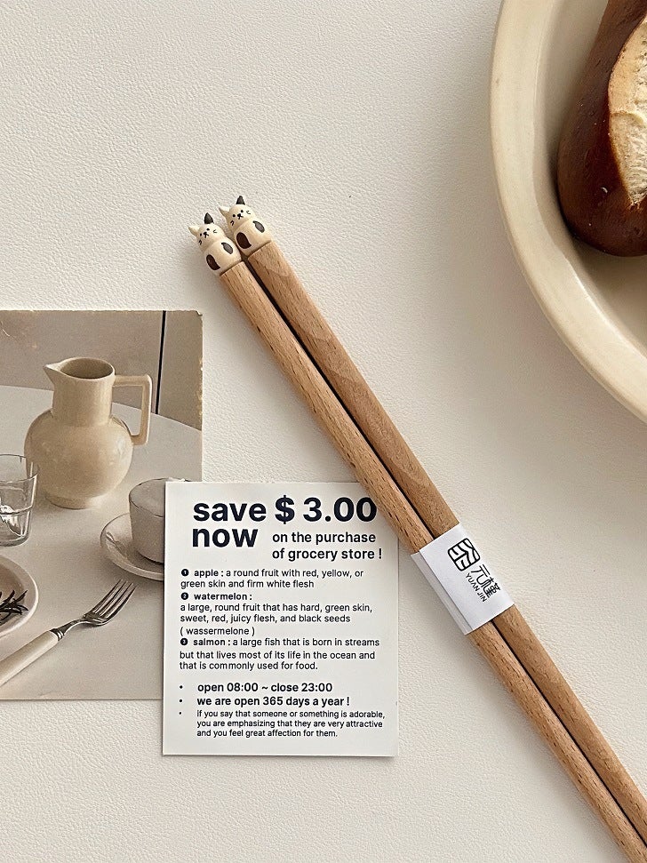 [Yuanjin bamboo] ins cute cartoon Beech chopsticks three-dimensional handmade products copyright products peer self-respect(Beech cat 18cm) - Image 1