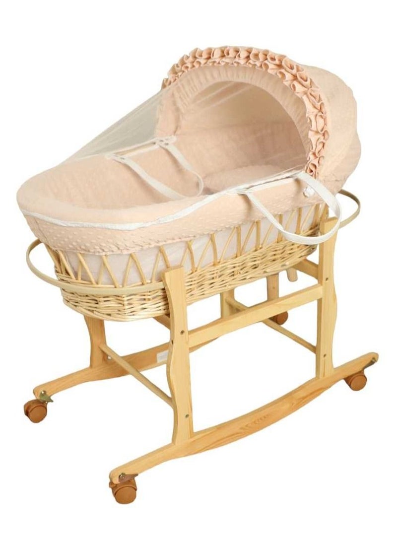 BABYCARA - 2 in 1 Infant Wicker Moses Basket Waffle Bedding Cot and  Rocking Stand with Wheels For Newborn - Image 1