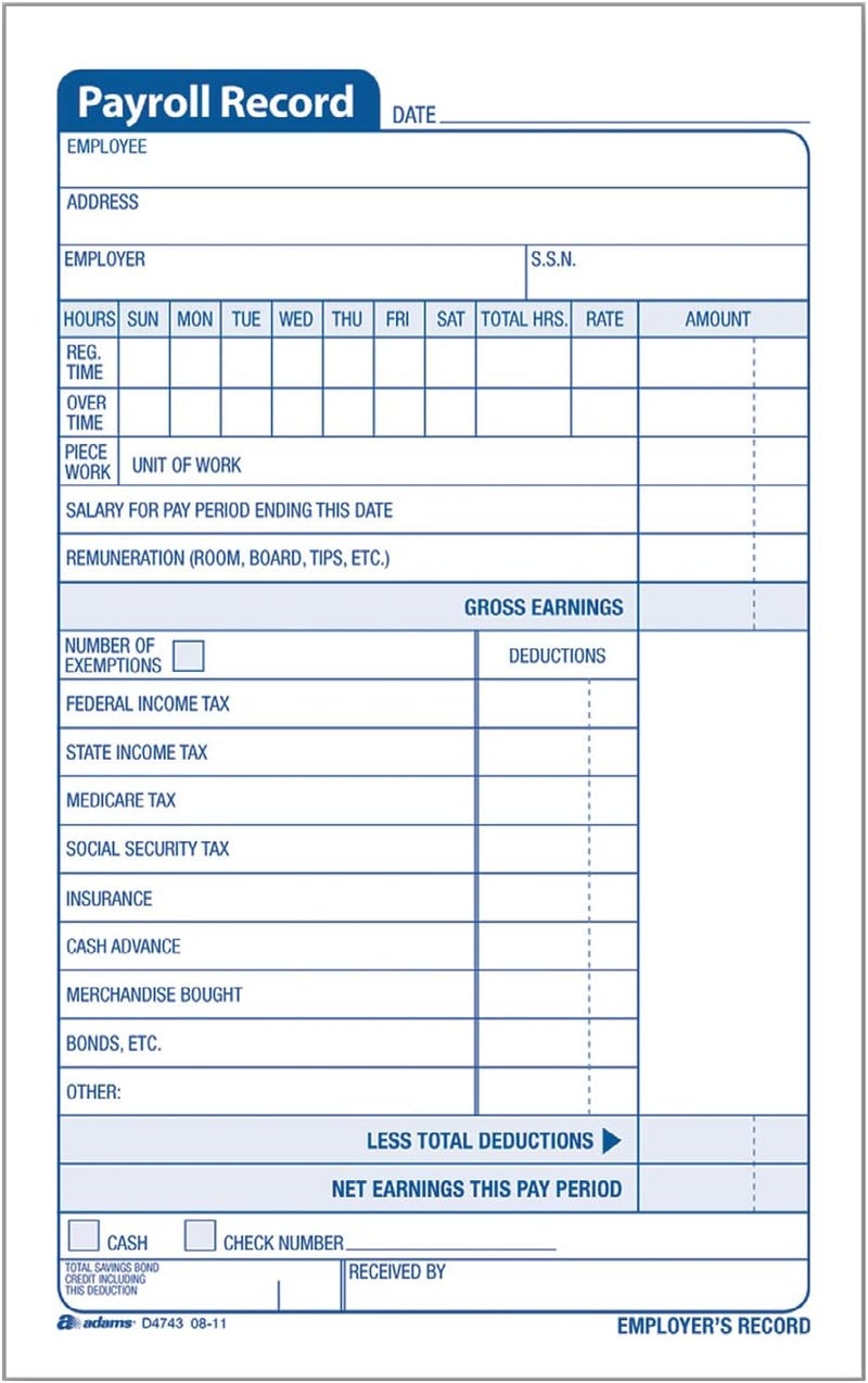 Adams Employee Payroll Record Book - 4.19 x 7.19 Inches, White and Canary, 2-Part, 55 Sets (D4743) - Image 1