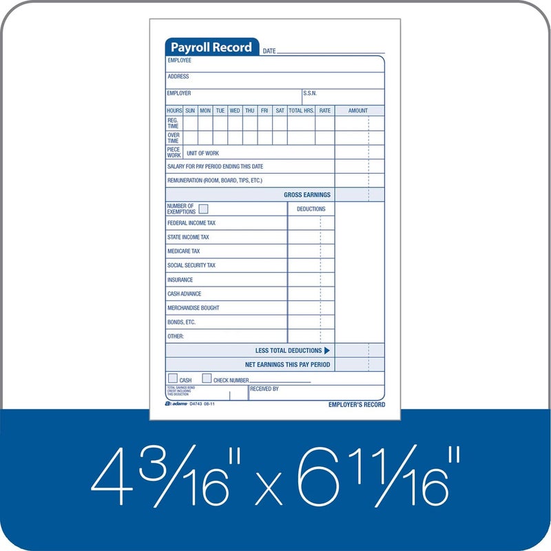 Adams Employee Payroll Record Book - 4.19 x 7.19 Inches, White and Canary, 2-Part, 55 Sets (D4743) - Image 3