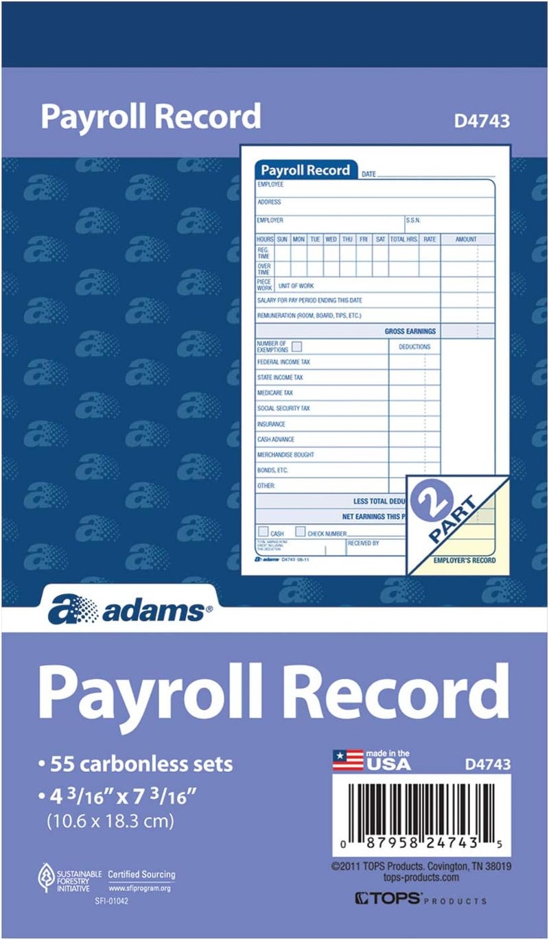 Adams Employee Payroll Record Book - 4.19 x 7.19 Inches, White and Canary, 2-Part, 55 Sets (D4743) - Image 2