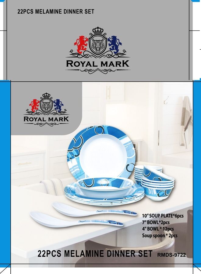 royal mark 22-Piece Melamine Ware Dinner Set Rmds-9722 Blue/ White - Image 2