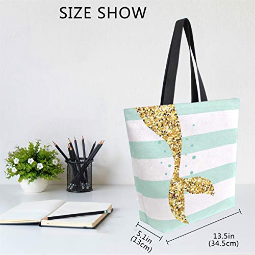 Naanle Mermaid Canvas Tote Bag Large Women Casual Shoulder Bag Handbag, Mermaid Tail Stripe Reusable Multipurpose Heavy Duty Shopping Grocery Cotton Bag for Outdoors. - Image 5