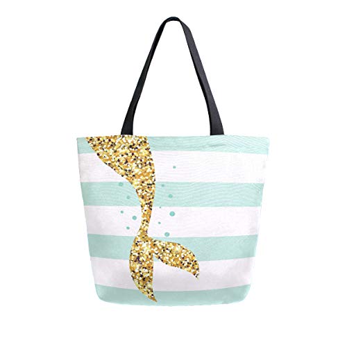 Naanle Mermaid Canvas Tote Bag Large Women Casual Shoulder Bag Handbag, Mermaid Tail Stripe Reusable Multipurpose Heavy Duty Shopping Grocery Cotton Bag for Outdoors. - Image 1