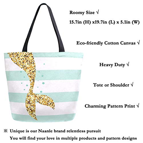 Naanle Mermaid Canvas Tote Bag Large Women Casual Shoulder Bag Handbag, Mermaid Tail Stripe Reusable Multipurpose Heavy Duty Shopping Grocery Cotton Bag for Outdoors. - Image 2