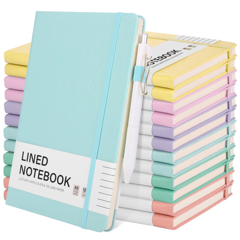 Aodaer 12 Set Lined Notebook Journals with Pens A5 Notebooks 100 GSM College Ruled Hardcover Notebook PU Leather Notepad with Pen Holder for Office School, 5.7 x 8.3 Inches, Light Multicolor - Image 1