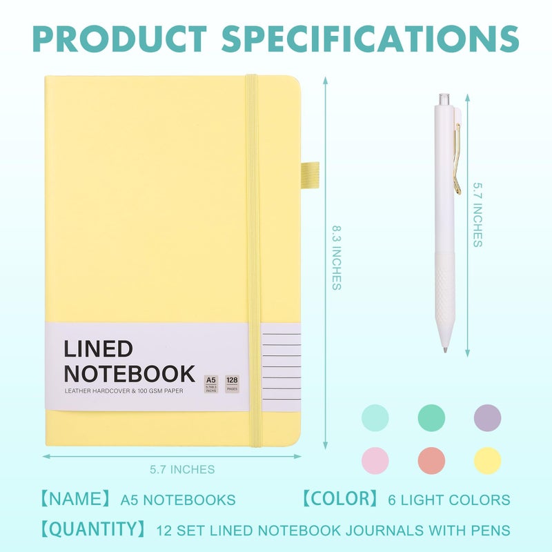 Aodaer 12 Set Lined Notebook Journals with Pens A5 Notebooks 100 GSM College Ruled Hardcover Notebook PU Leather Notepad with Pen Holder for Office School, 5.7 x 8.3 Inches, Light Multicolor - Image 2