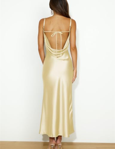 Mogidol Summer Satin Spaghetti Strap Cowl Neck Backless Midi Dresses for Women Elegant Tie Low Back Ruched Cocktail Dress Yellow - Image 2
