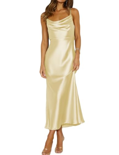 Mogidol Summer Satin Spaghetti Strap Cowl Neck Backless Midi Dresses for Women Elegant Tie Low Back Ruched Cocktail Dress Yellow - Image 1