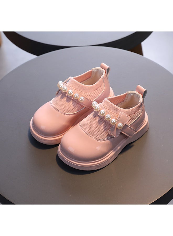 Girls' Small Leather Shoes  Spring New Kidsren's Soft-soled Non-slip Princess Shoes Baby Beaded Fly-knit Small Flats Trbottomy