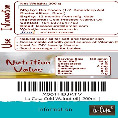 La Casa Cold Pressed Walnut Oil | Combo Pack of 2 | For Hair Skin & Thyroid Massage | Edible | 100% Pure and Virgin Grade | 2x200ml | - Image 4
