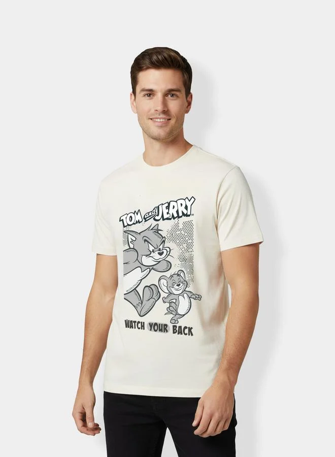 Tom And Jerry Men White Tom and Jerry Graphic Print T-Shirt