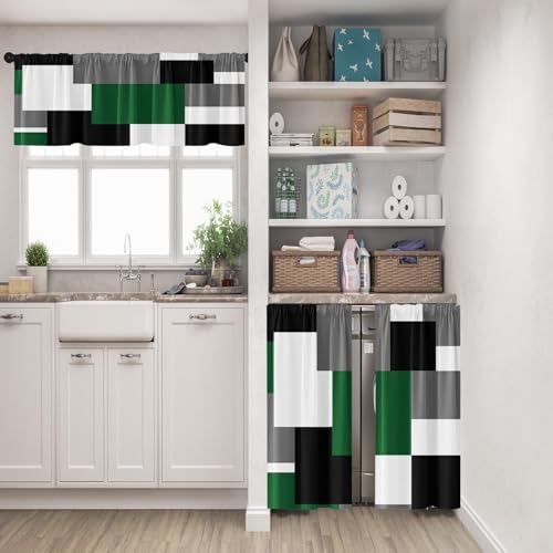 Tayney Green Geometric Kitchen Curtains Checkered Window Curtains Valance and Tier Set 36 Inch Black Grey White Short Tier Curtain Modern Abstract Small Kitchen Decor - Image 3