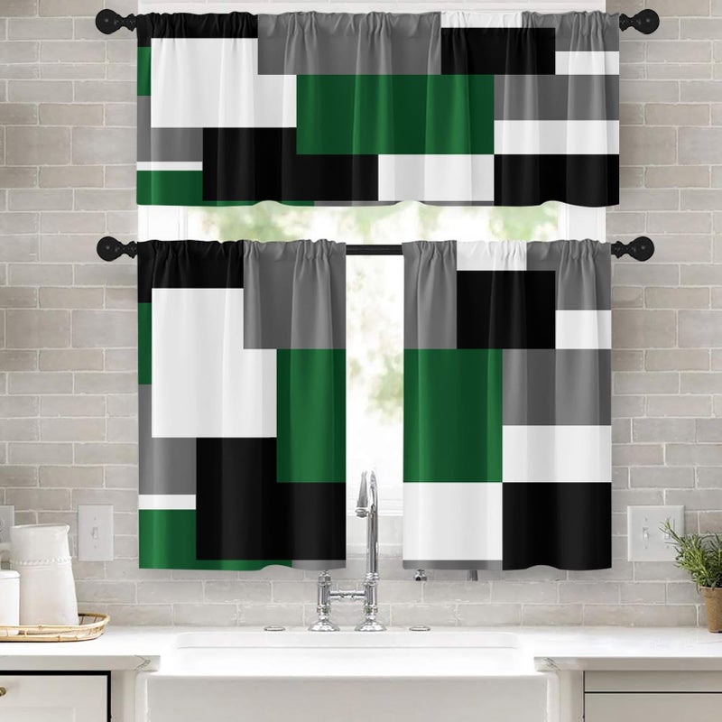 Tayney Green Geometric Kitchen Curtains Checkered Window Curtains Valance and Tier Set 36 Inch Black Grey White Short Tier Curtain Modern Abstract Small Kitchen Decor - Image 2