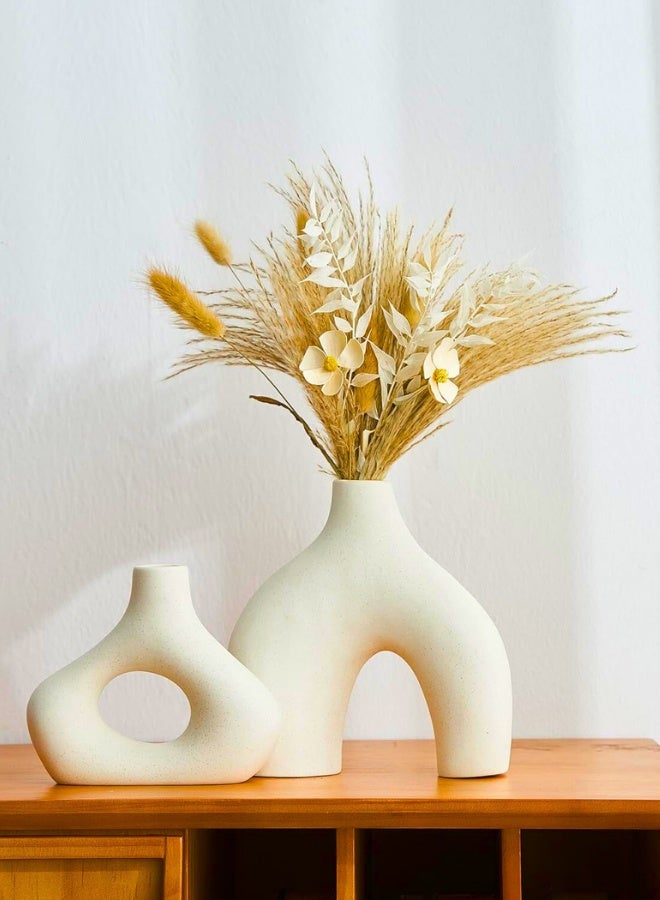 Chase Up White Ceramic Donut Vase Set of 2 for Modern Home Decor, Minimalist Round Vase for Centerpieces, Unique Neutral Boho Vase for Living Room, TV Stand, Dining Room, Dinner Table Decoration - Image 1