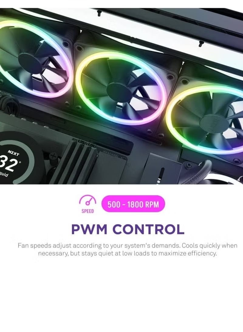 NZXT F120 RGB DUO Triple Pack 3x120mm Dual-Sided RGB PWM Fans 500–1800RPM 48.6CFM with RGB Controller Black RF-D12TF-B1 - Image 4