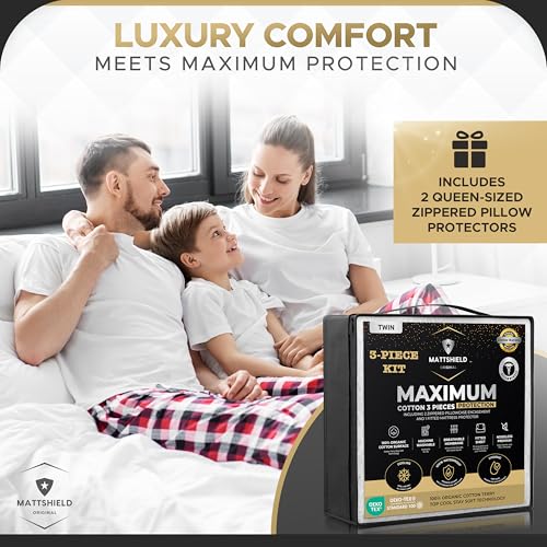 MATTSHIELD ORIGINAL MATTSHIELD Maximum 3-Piece Kit - Waterproof Organic Cotton Terry Mattress Protector Queen + 2 Pillow Protectors - Fitted with Stretchable Pockets - Skin-Friendly, Breathable Mattress Cover - Image 2