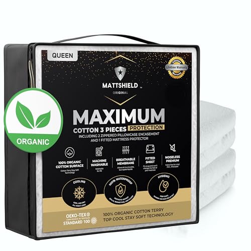 MATTSHIELD ORIGINAL MATTSHIELD Maximum 3-Piece Kit - Waterproof Organic Cotton Terry Mattress Protector Queen + 2 Pillow Protectors - Fitted with Stretchable Pockets - Skin-Friendly, Breathable Mattress Cover - Image 1