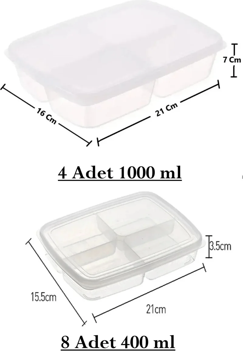 Safestore 12-Piece Storage Set (8 Pieces 400 Ml) (4 Pieces 1000 Ml) 4-Compartment Meal Portion Storage Container Freezer