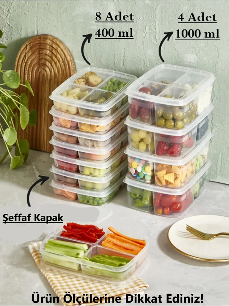 Safestore 12-Piece Storage Set (8 Pieces 400 Ml) (4 Pieces 1000 Ml) 4-Compartment Meal Portion Storage Container Freezer