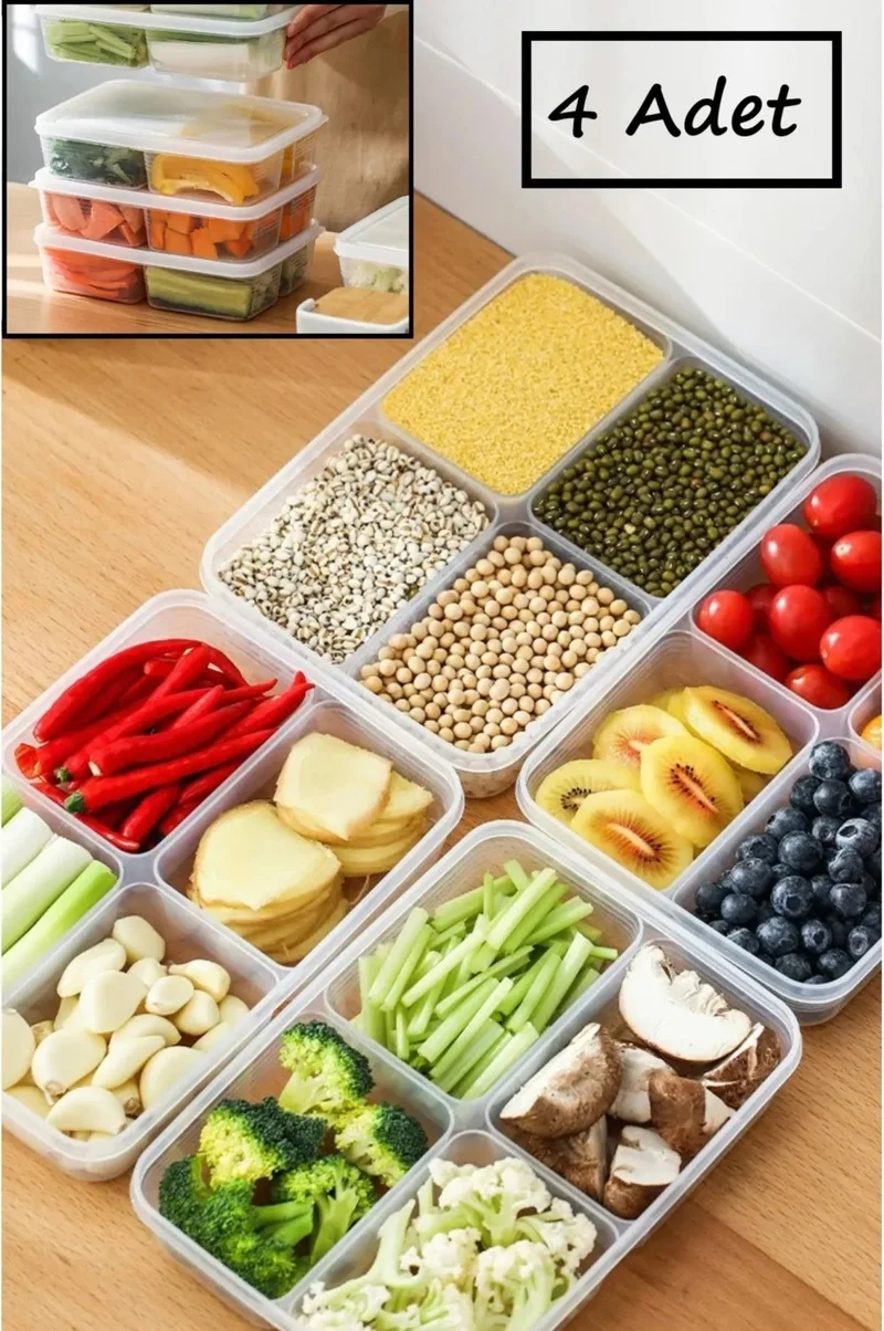 Safestore 12-Piece Storage Set (8 Pieces 400 Ml) (4 Pieces 1000 Ml) 4-Compartment Meal Portion Storage Container Freezer