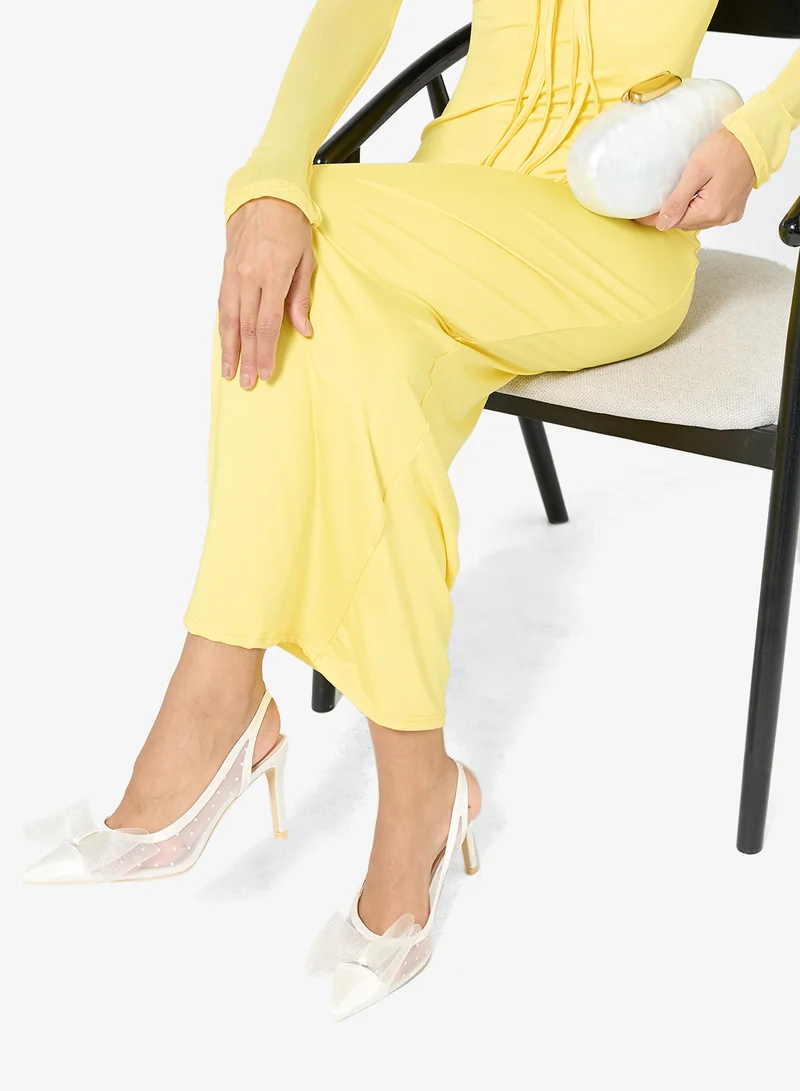 Ginger Cream High Heel Mesh Sling Back Pumps With Bow Detail for Women | Best Price UAE